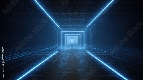 Endless Geometric Virtual Reality Corridor Glowing Blue Wireframe Light Stripes Perspective Tunnel Background Abstract Cyber Space