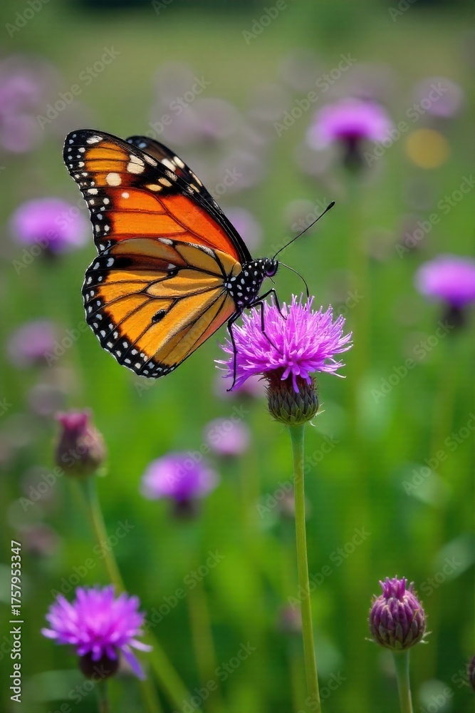 Fototapeta premium A monarch butterfly resting on a colorful wildflower, wings unfurled. A perfectly formed monarch butterfly with wings fully unfurled, resting gracefully on a vibrant purple wildflower in a sun