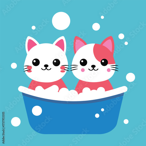 Adorable kawaii vector of two cartoon kittens taking a bubble bath in a blue tub. Flat minimal style, round cheeks and whiskers, floating foam and bubbles, playful children’s illustration, background.