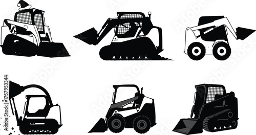 Black and white vector illustration set of skid steer loaders with wheels and tracks for construction, agriculture, landscaping, and industrial design