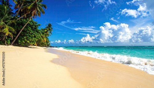 Fototapeta Naklejka Na Ścianę i Meble -  Tropical Beach Paradise with White Sand Turquoise Water Palm Trees and Dramatic Sky Landscape Serene Ocean Scene Vivid Colors Natural Light