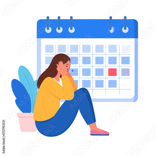 Woman Experiencing Period Symptoms with Calendar Background.