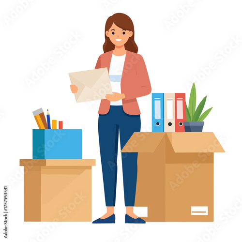 Woman packing office belongings into cardboard boxes after leaving job.