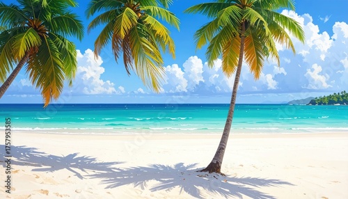 Fototapeta Naklejka Na Ścianę i Meble -  Tropical Beach with Azure Water and Palm Trees Under Bright Sky