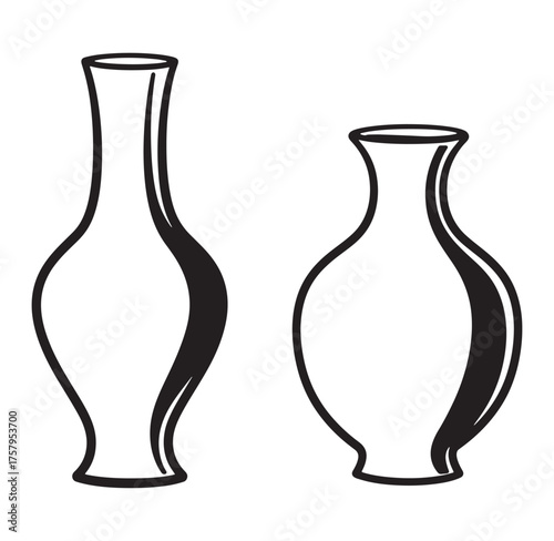 Black and white vector illustration featuring two elegant vase outline designs on white background
