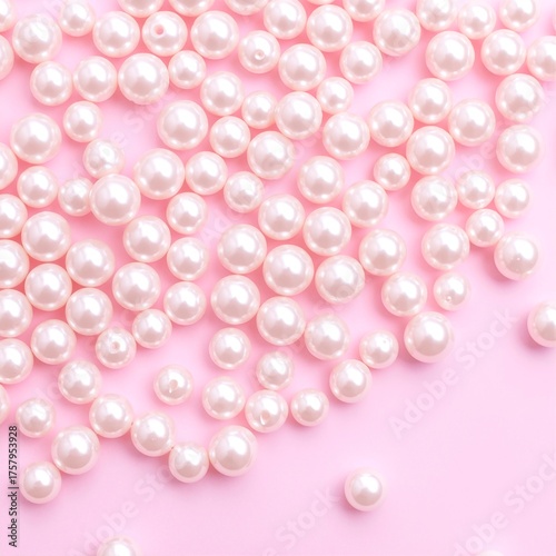 A cluster of lustrous white pearls elegantly scattered on a soft pink background, creating a delicate and feminine aesthetic that exudes luxury.