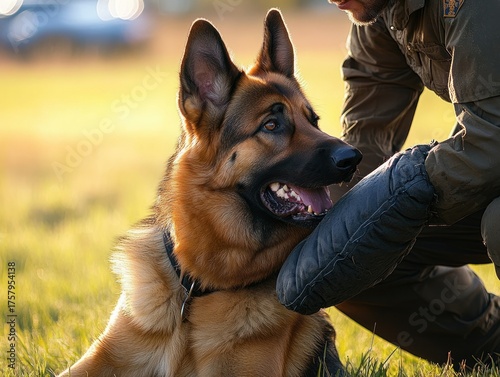 German shepherd dog lying on grass looking up attentively at a person wearing a padded glove in a park during golden hour