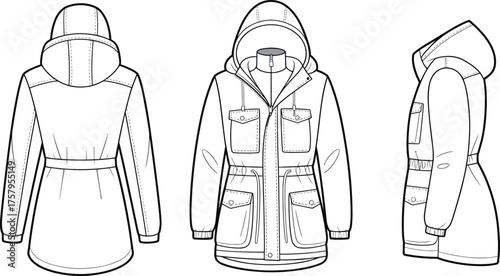 Hooded parka sketch, fashion design template, technical jacket drawing, garment illustration, vector outline, front, back, side view, apparel construction