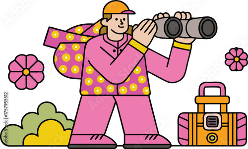 Whimsical traveler searches for adventure with binoculars and luggage, ready for exciting explorations and vibrant discoveries in nature