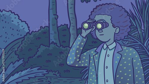 Person using binoculars in nature, searching for something, perhaps enjoying birdwatching in a forest, a fun outdoor activity, or enjoying the scenery