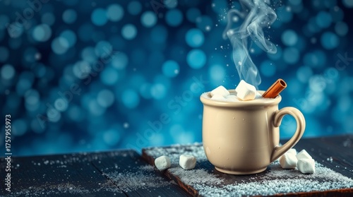 Steaming Winter Hot Cocoa Mug with Marshmallows, Cinnamon, and Blue Bokeh Snow_2