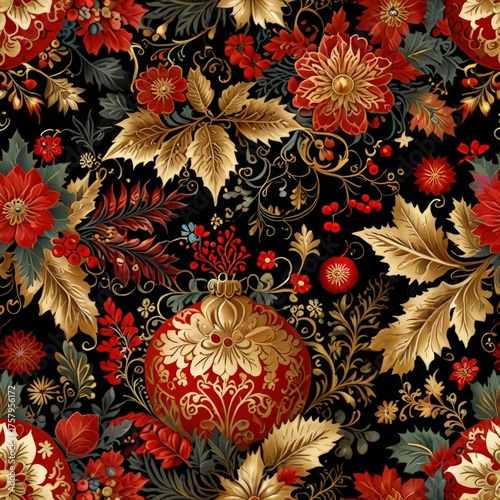 Luxury Christmas Pattern with Red and Gold Ornate Florals and Berries on a Dark Background_6