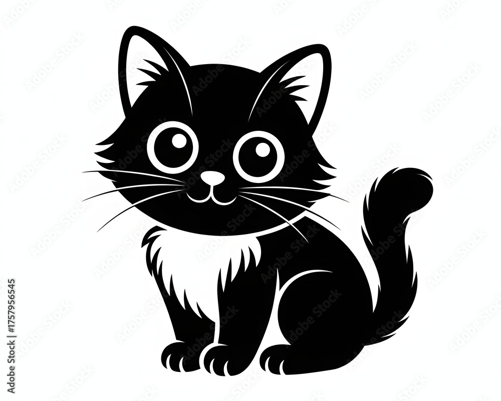 Fototapeta premium Cute cartoon black kitten with big eyes sitting and looking forward isolated on white background