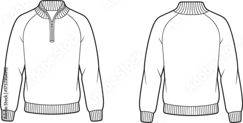 Quarter zip pullover sketch, fashion design template, raglan sleeve sweater, technical drawing,