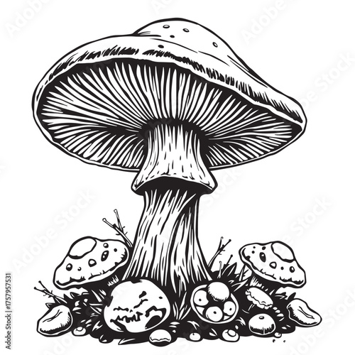 Vector art of black and white illustration of a mushroom logo.