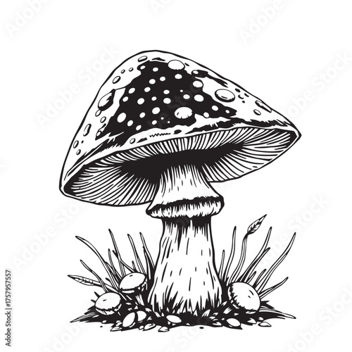 Vector art of black and white illustration of a mushroom logo.