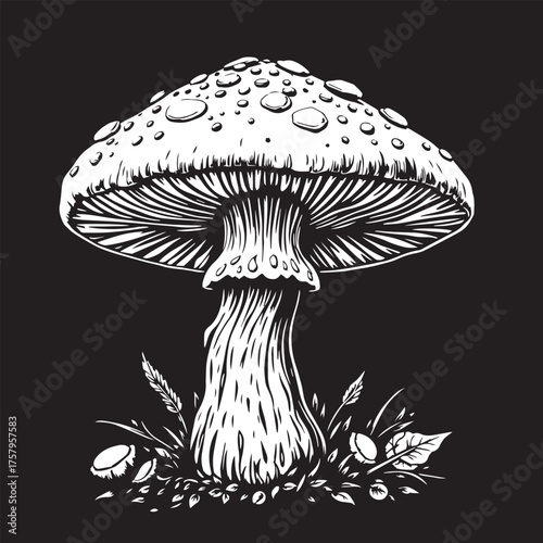 Vector art of black and white illustration of a mushroom logo.