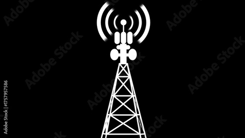 Telecommunication antenna tower 5G signal. antenna tower as phone base station with radio wave animation on time lapse cloud sky background