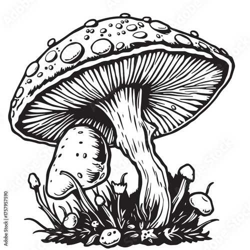 Vector art of black and white illustration of a mushroom logo.