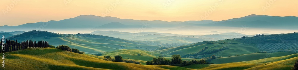 Obraz premium Panoramic view of rolling green hills under soft morning light with layers of distant mountains and scattered trees creating a peaceful and serene landscape