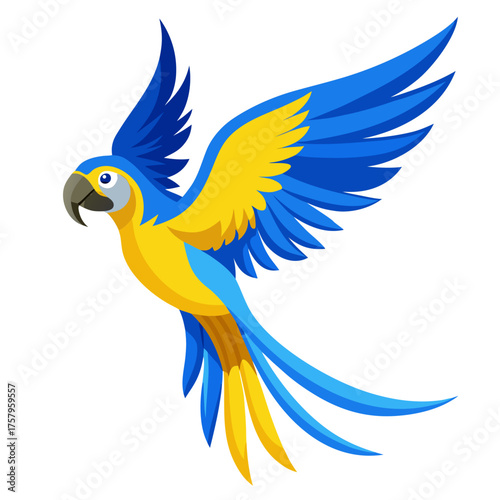 Vibrant blue and yellow macaw parrot in flight vector illustration scalable graphic