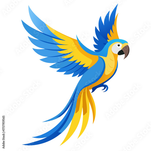 Vibrant blue and yellow macaw parrot flying vector illustration scalable graphic art