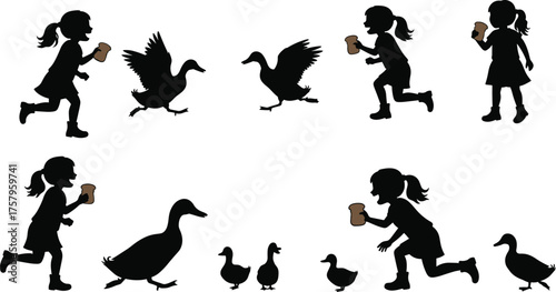 Children feeding ducks silhouette vector illustration, playful kids with ducklings, outdoor nature activity, rural lifestyle, animal interaction, countryside farming scene