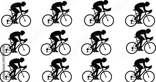 Cyclist silhouette pattern, repeating bicycle rider design, sports activity illustration representing speed, endurance, fitness and outdoor racing passion