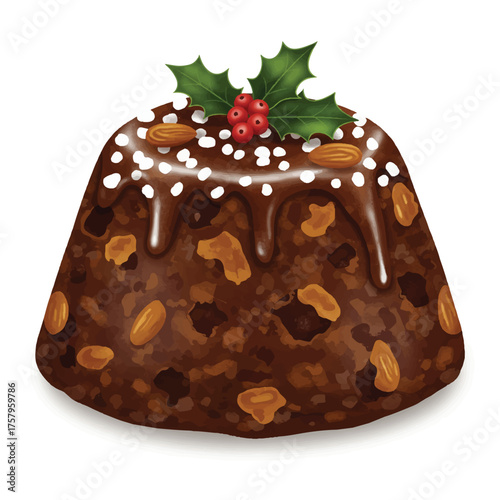 Traditional Christmas pudding, a rich and moist winter holiday dessert, is beautifully captured in a realistic 2D flat style illustration, isolated cleanly against a bright white studio background.