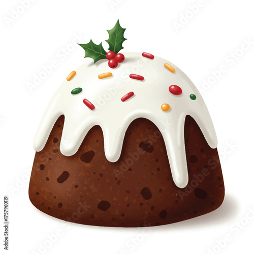 Traditional Christmas pudding, realistic 2D flat style illustration, topped generously with white icing and garnishes, isolated purely on a clean white background.