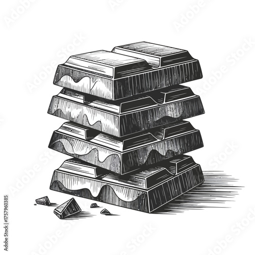 Stack of dark chocolate bars in vintage sketch style
