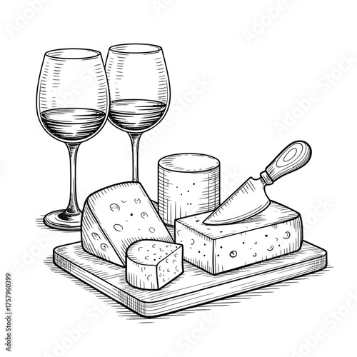 Hand drawn sketch of cheese board with wine glasses and knife