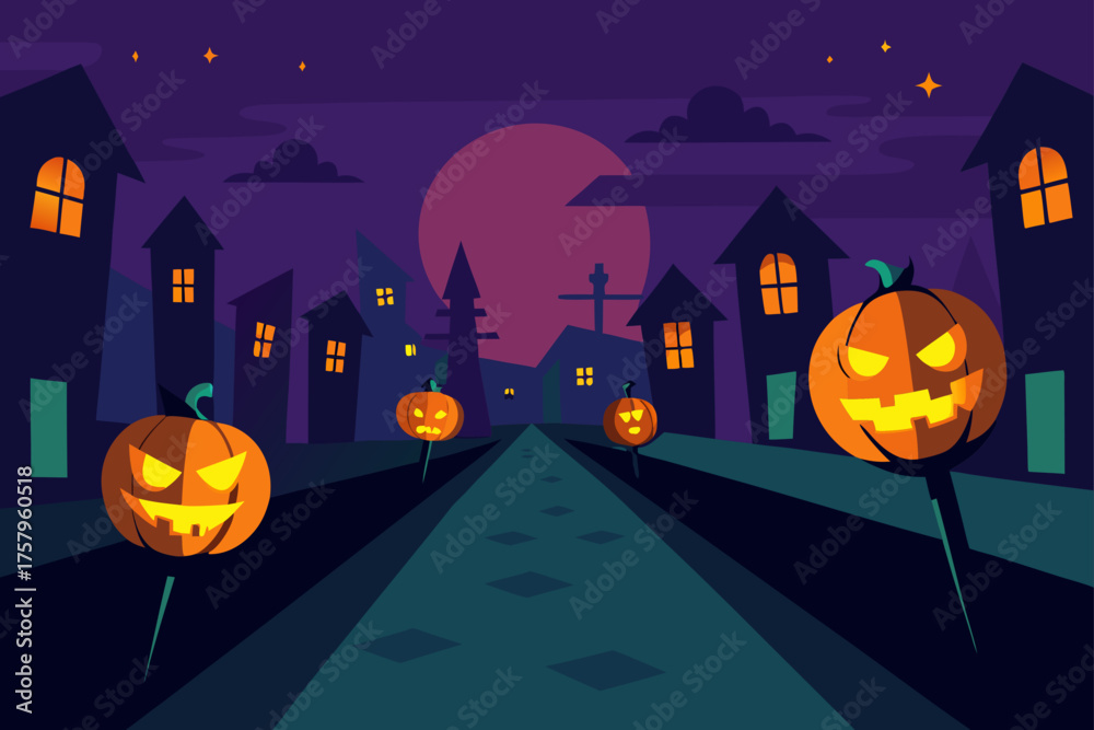 Fototapeta premium Glowing Pumpkin Lanterns Spooky Street Night