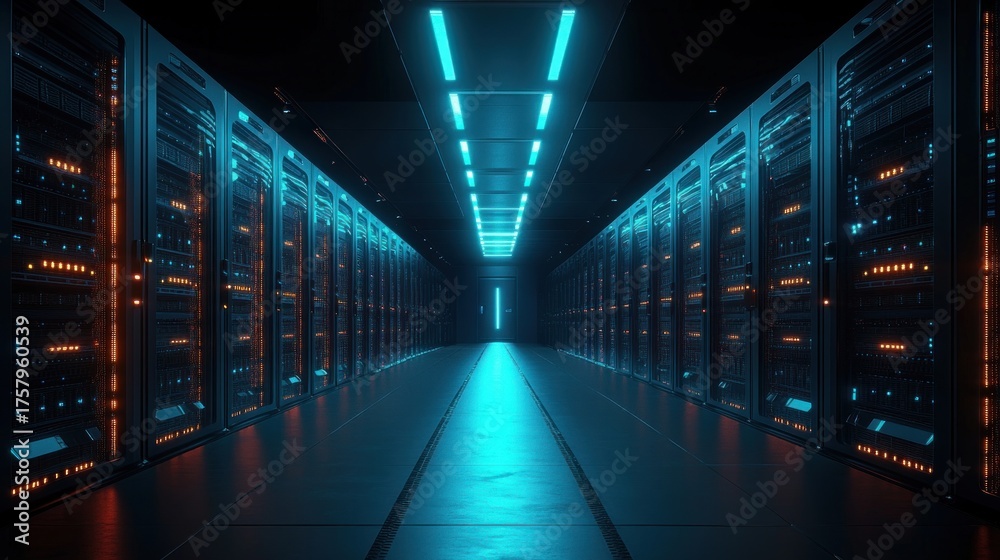 Fototapeta premium Long corridor illuminated with blue lights flanked by rows of high-tech server racks emitting orange and blue indicator lights in a modern data center
