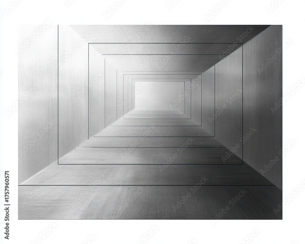 Obraz premium abstract geometric design with concentric rectangular frames creating illusion of depth in a grayscale metallic texture