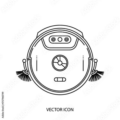 Line art illustration of a robotic vacuum cleaner, showing its top view with brushes and sensors.