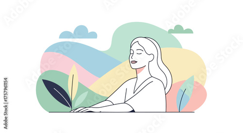 Woman meditating in nature with colorful abstract background illustration.