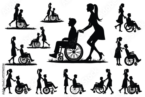 Black silhouettes of people with wheelchairs and helpers