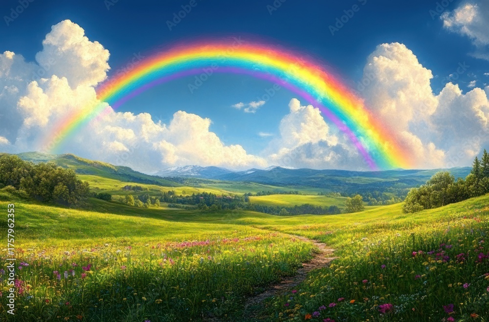 Naklejka premium Bright vivid rainbow arching over a lush green meadow filled with colorful wildflowers under a partly cloudy blue sky with rolling hills in the background