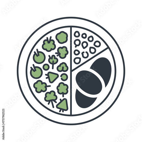 Stylized graphic icon of a divided plate filled with healthy, balanced meal components, representing nutrition, dietary planning, and a wholesome plant-based lifestyle