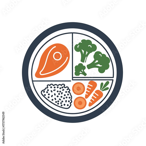 A stylized icon illustrating a healthy eating plate with balanced portions of lean protein, grains, and vegetables, representing a nutritional dietary plan