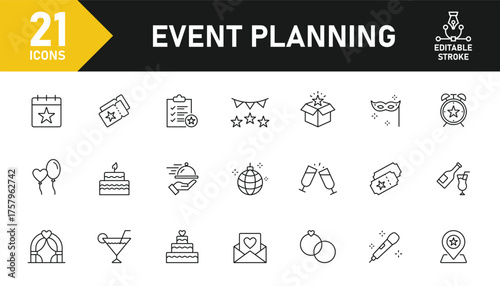 Event planning line icon set. Set of 21 outline icons related to event planning, event organization, party, invitation, birthday, calendar, wedding and others. Editable stroke. Vector illustration.