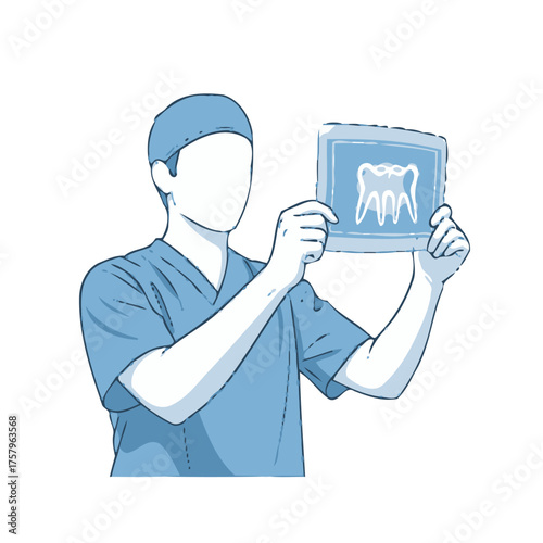 Dentist in blue scrubs and cap holding up dental xray showing tooth