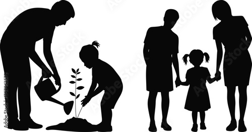 Silhouette of family with children, planting tree, parent guidance, nature care, bonding, environmental responsibility, love, growth and unity