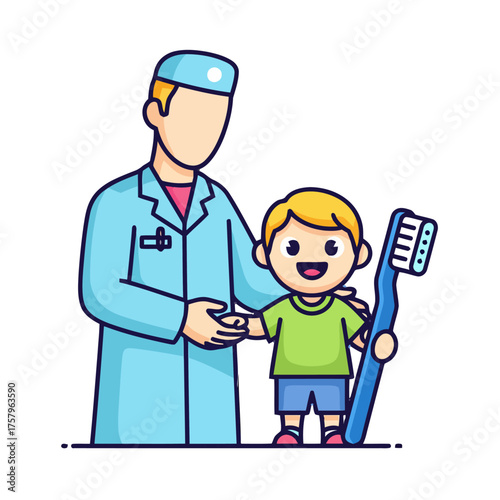 Friendly dentist in blue coat stands with happy young boy holding large toothbrush