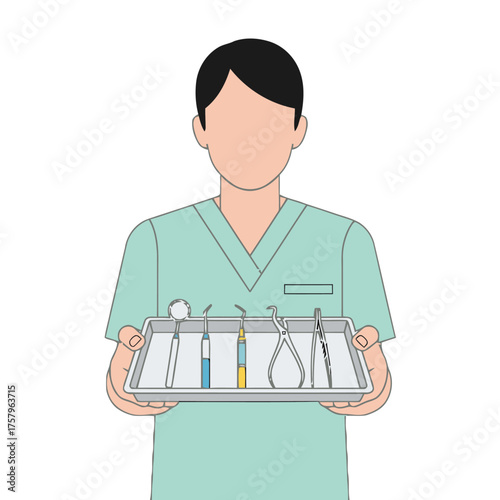 Dentist holding tray dental instruments, including mirror, probe, excavator, and forceps