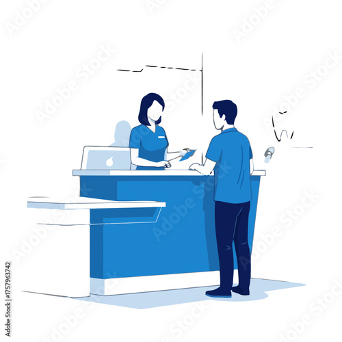 Dental receptionist assisting patient at the reception desk in modern dental clinic, discussing appointment or treatment