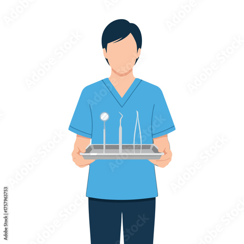 Person in blue scrub suit holding tray with dental instruments