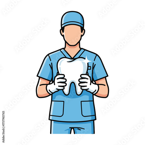 Dentist in blue scrubs and cap holding large, shiny tooth