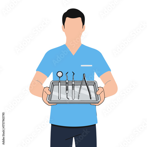 Dentist holding tray with dental instruments, including mirror, probe, and forceps
